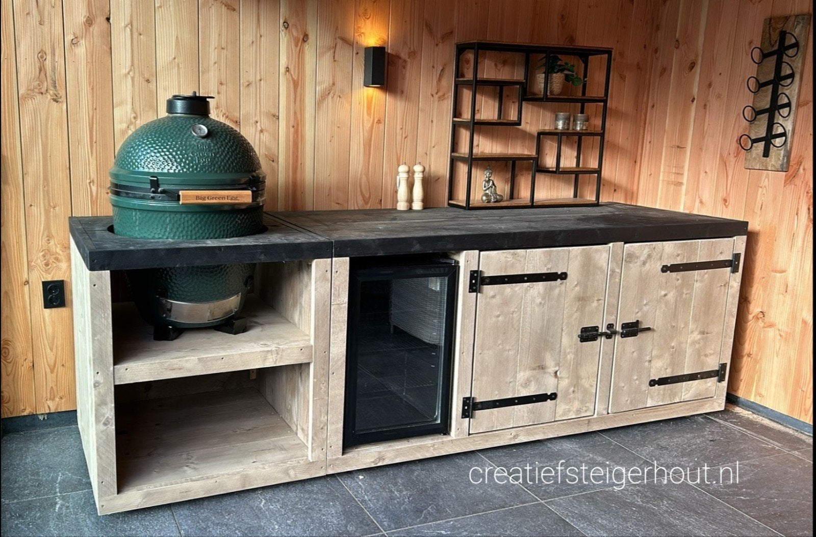 Steigerhouten buitenkeuken koelkast kamado wielen mancave, Verzenden, Nieuw, Houtskool, Inbouw