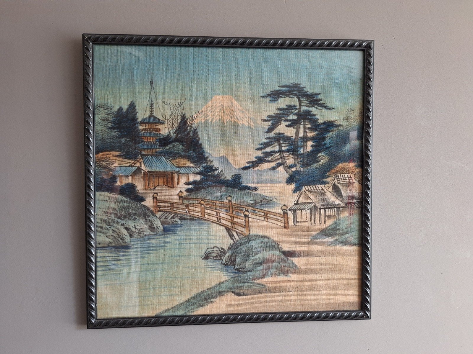 Vintage Japans zijden schilderij - Landschap met berg, Ophalen of Verzenden, Landschap, Ingelijst, Vintage
