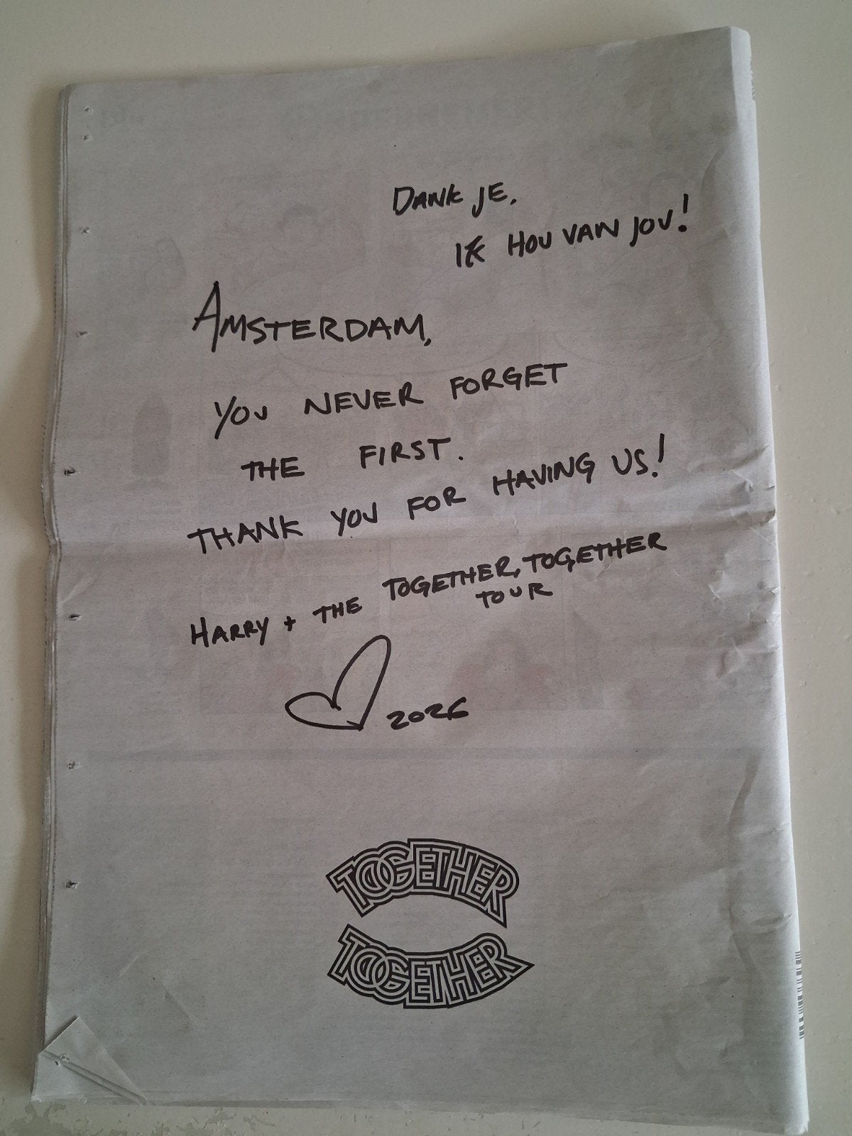 HARRY STYLES bedankpagina in Parool, Ophalen of Verzenden
