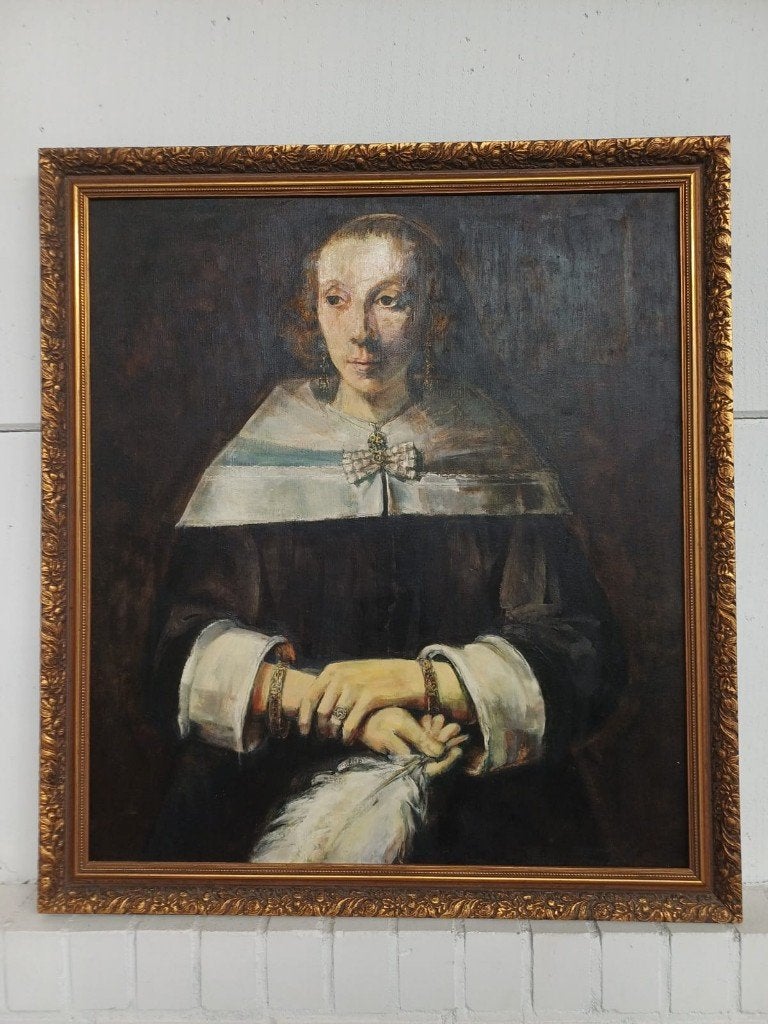 Schilderij - Portret van dame met struisvogelveren waaier, Ophalen
