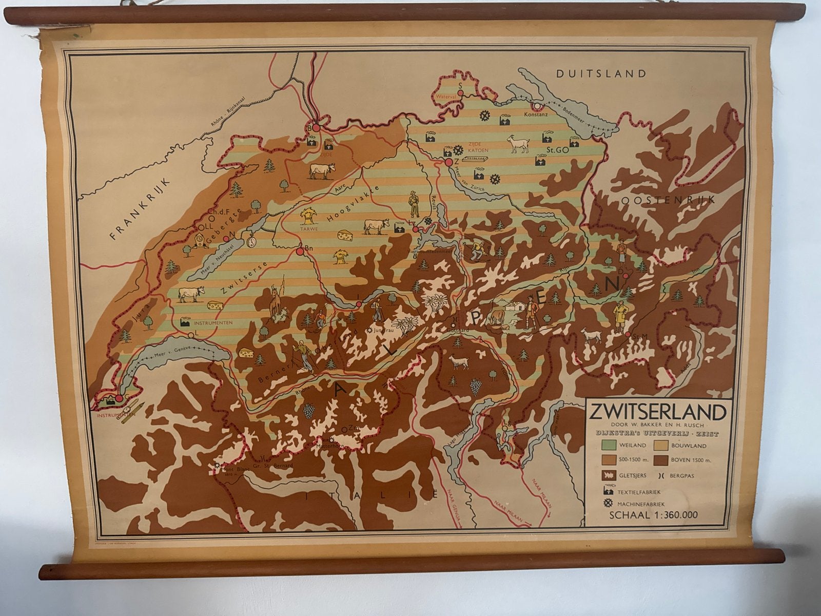 Vintage schoolkaart Zwitserland Dijkstra's Uitgeverij, Boeken, Atlassen en Landkaarten, Europa Overig, Landkaart, 1800 tot 2000