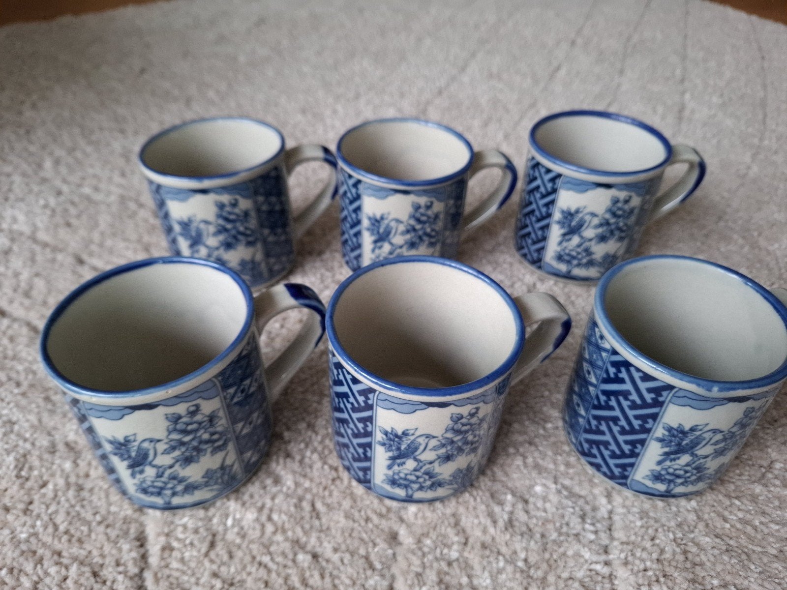 Set van 6 blauw-witte mokken met vogel- en bloemmotief, Ophalen of Verzenden