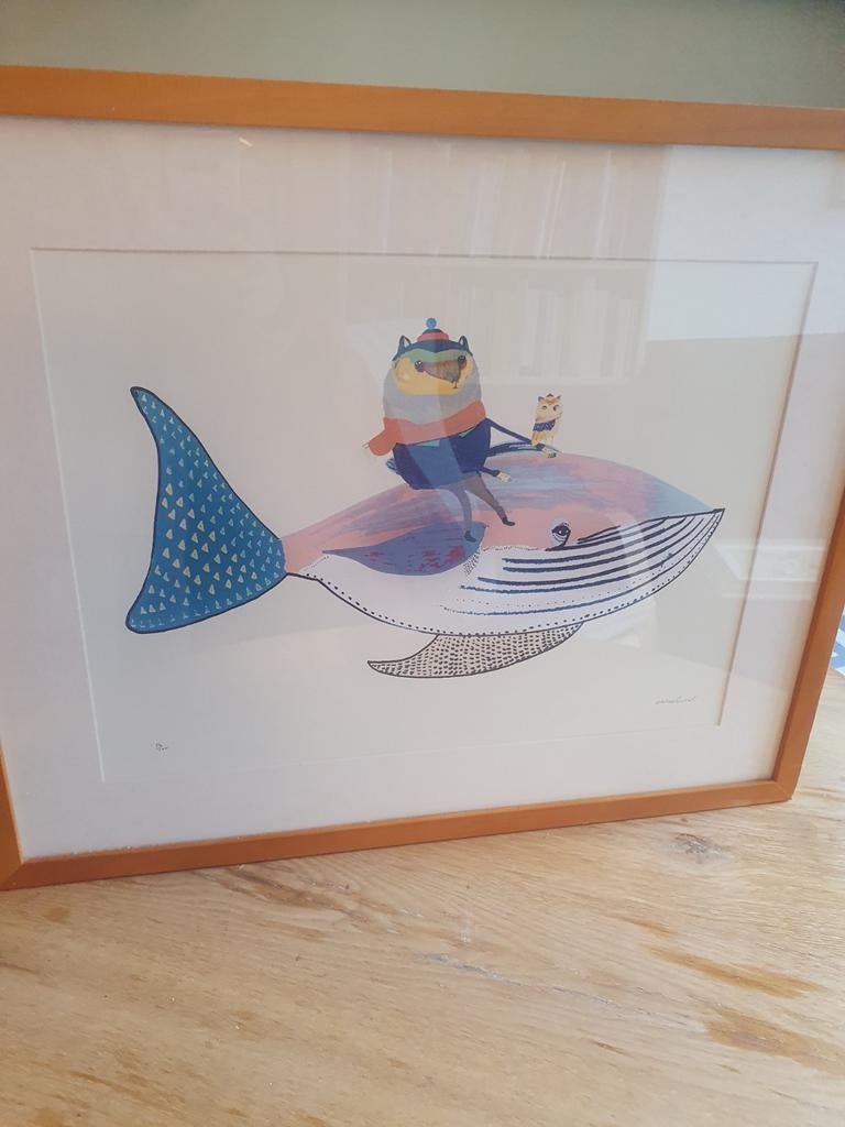 Schilderij van walvis, uil en beer, Minder dan 50 cm, Ophalen of Verzenden, Zo goed als nieuw, Minder dan 50 cm