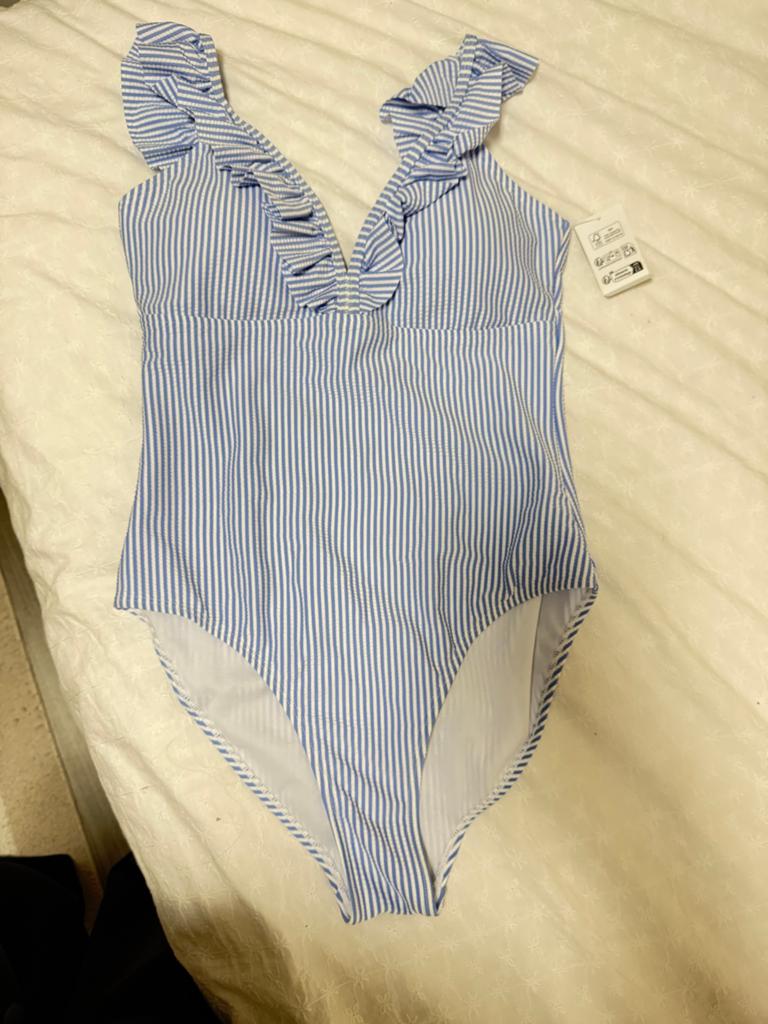 Badpak maat M - Blauw gestreept met ruches, Ophalen of Verzenden, Nieuw, Blauw, Badpak