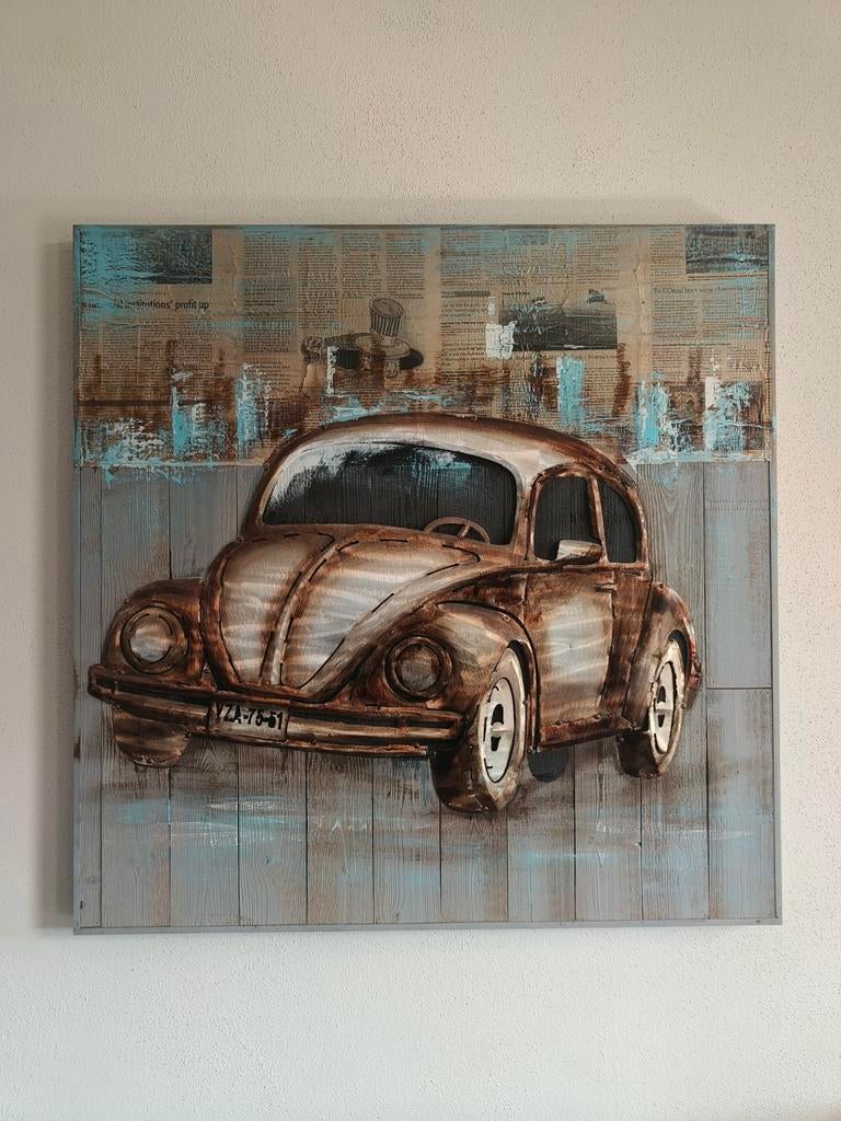 3D metaal schilderij Volkswagen kever op hout paneel, Ophalen, Gebruikt, Schilderij, 75 tot 100 cm