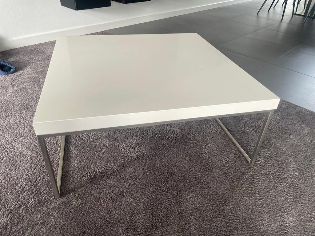 Moderne witte salontafel met metalen onderstel, 100 tot 150 cm, Vierkant, Zo goed als nieuw, Metaal