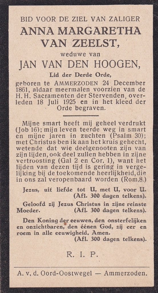Zeelst Anna 1861 Ammerzoden 1925, Ophalen of Verzenden, Bidprentje