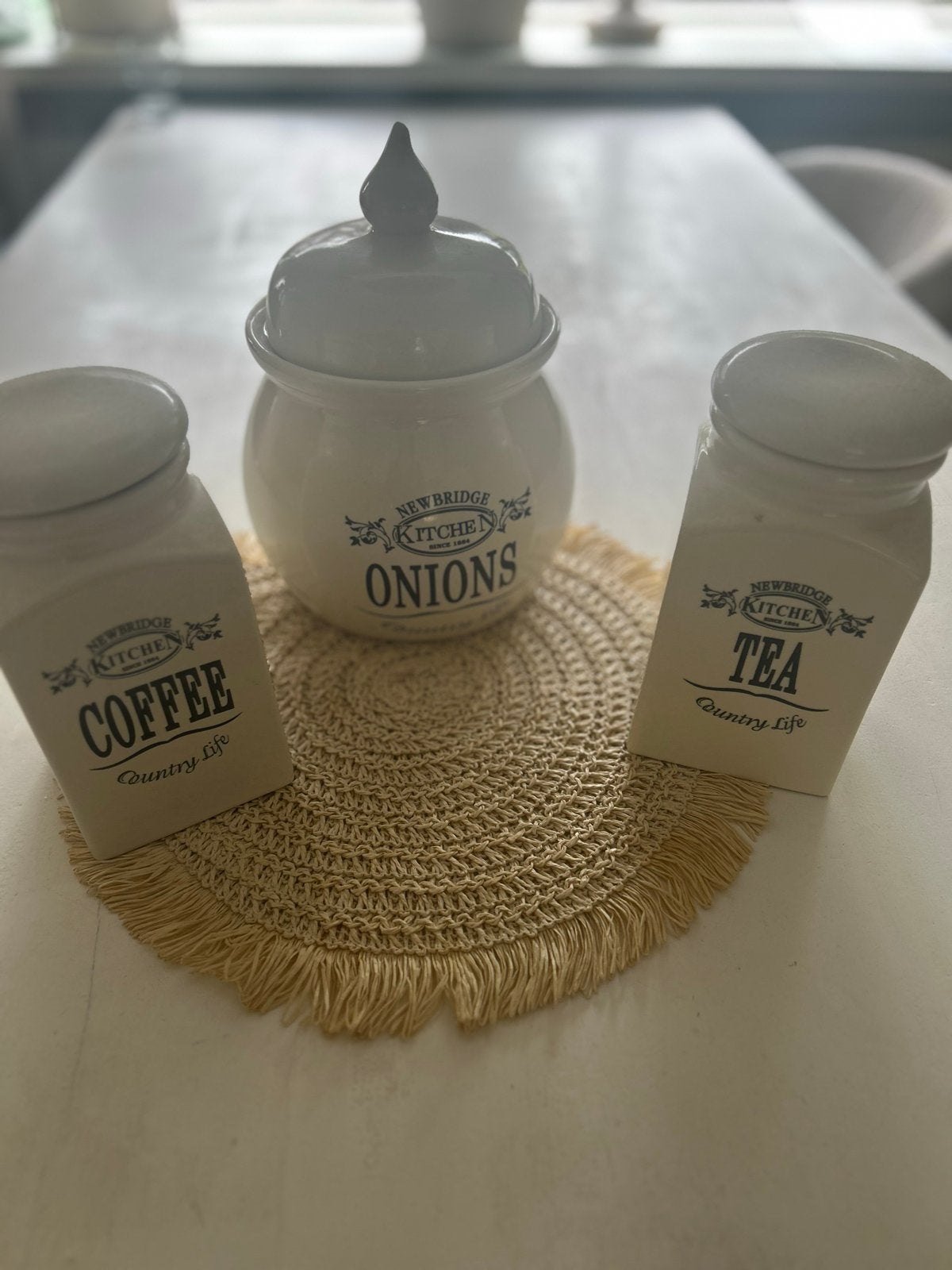 Set van 3 voorraadpotten: Koffie, Thee, Uien, Ophalen, Gebruikt, Voorraadpot, Steen/keramiek