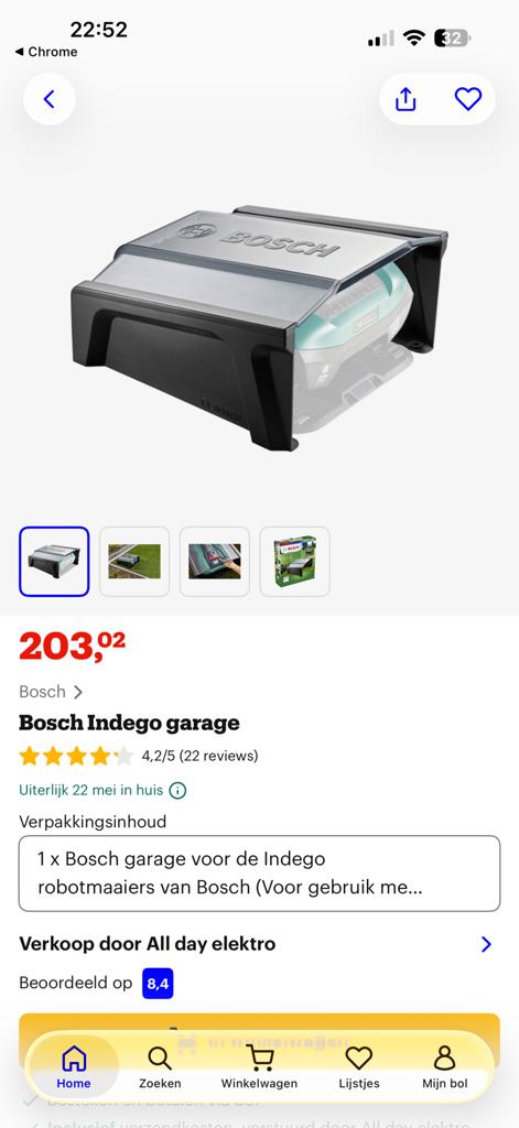 Bosch Indego XS 300 robotmaaier + garage - Nieuwstaat, Ophalen of Verzenden, Nieuw, 20 tot 25 cm, Bestuurbaar via app