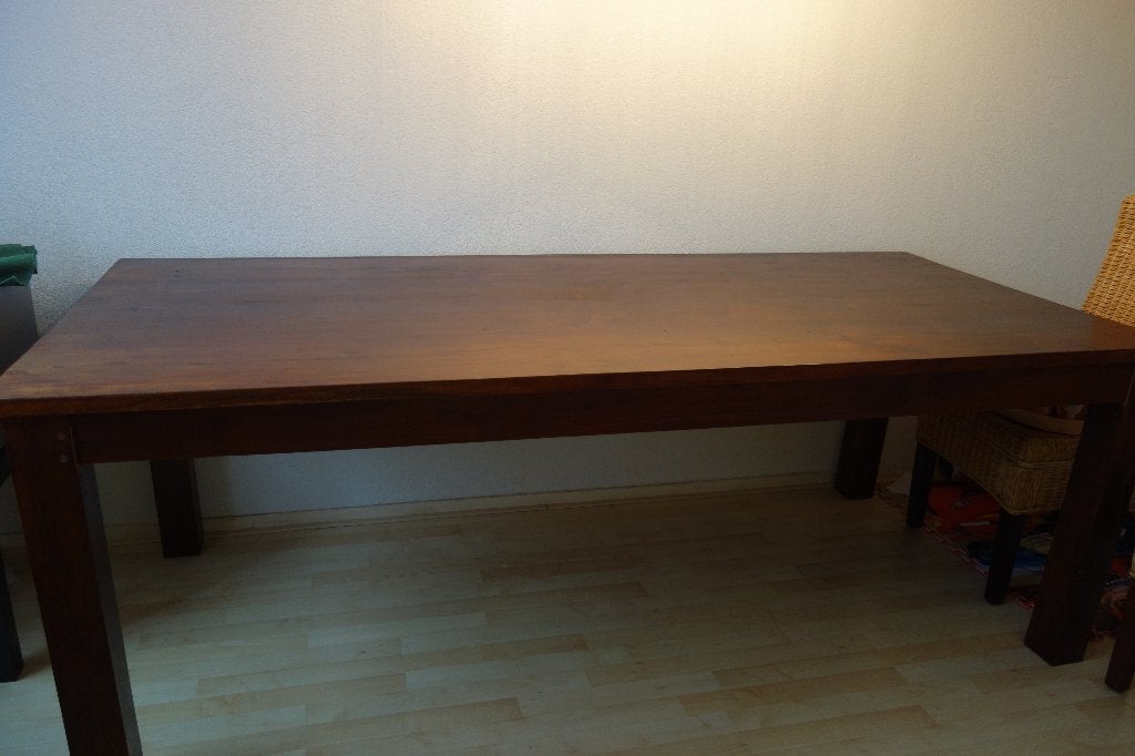 Zware en stevige hout eettafel met 4 stoelen, Gebruikt, Teakhout, 200 cm of meer, Vijf personen of meer