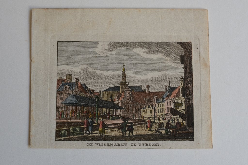 UTRECHT STAD VISMARKT Gekleurde kopergravure J. Bulthuis GS7, Antiek en Kunst, Kunst | Etsen en Gravures, Verzenden, Stadsgezicht