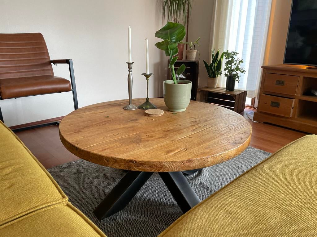 2 Ronde houten eettafel en salontafel - 150ø en 90ø cm, 100 tot 150 cm, Rond, Ophalen of Verzenden, Zo goed als nieuw