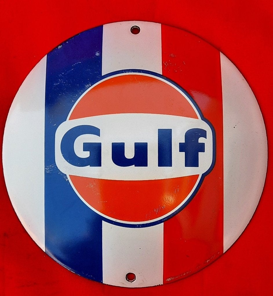 Gulf - Uit de verzameling Gulf - Emaille, Metaal bord, Gebruikt, -, -, Ophalen of Verzenden
