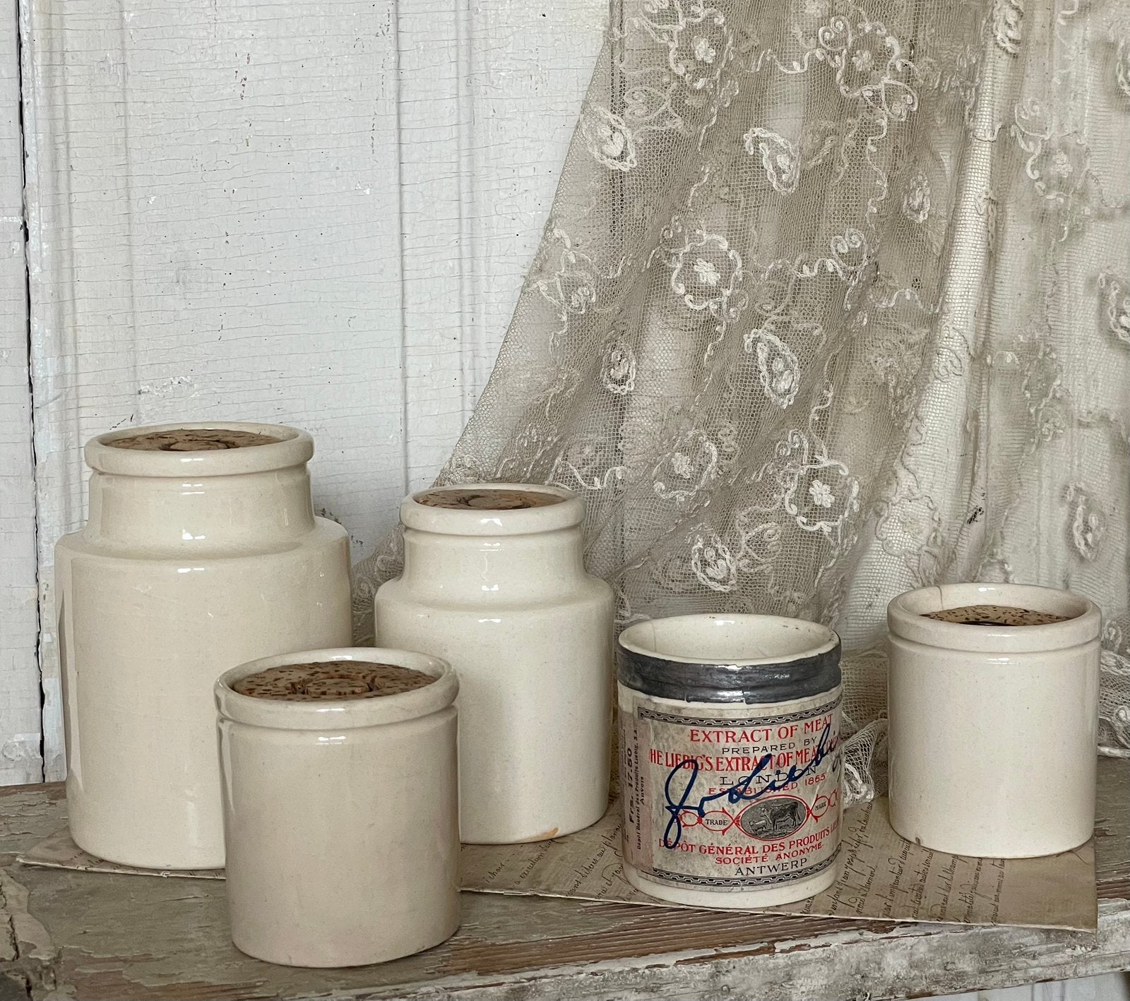 Brocante oude zalfpotjes met kurkje set van 5, Ophalen of Verzenden