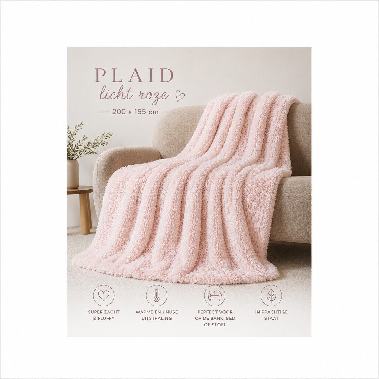 Zachte lichtroze plaid – 200 x 155 cm, Huis en Inrichting, Woonaccessoires | Plaids en Woondekens, Ophalen, Zo goed als nieuw