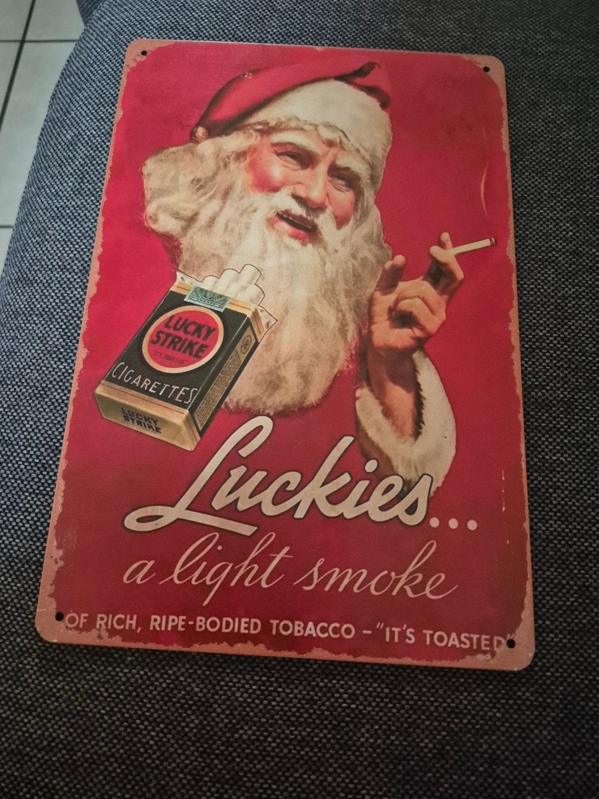 Vintage Lucky Strike Reclamebord - Kerstman, Ophalen of Verzenden, Nieuw, Reclamebord