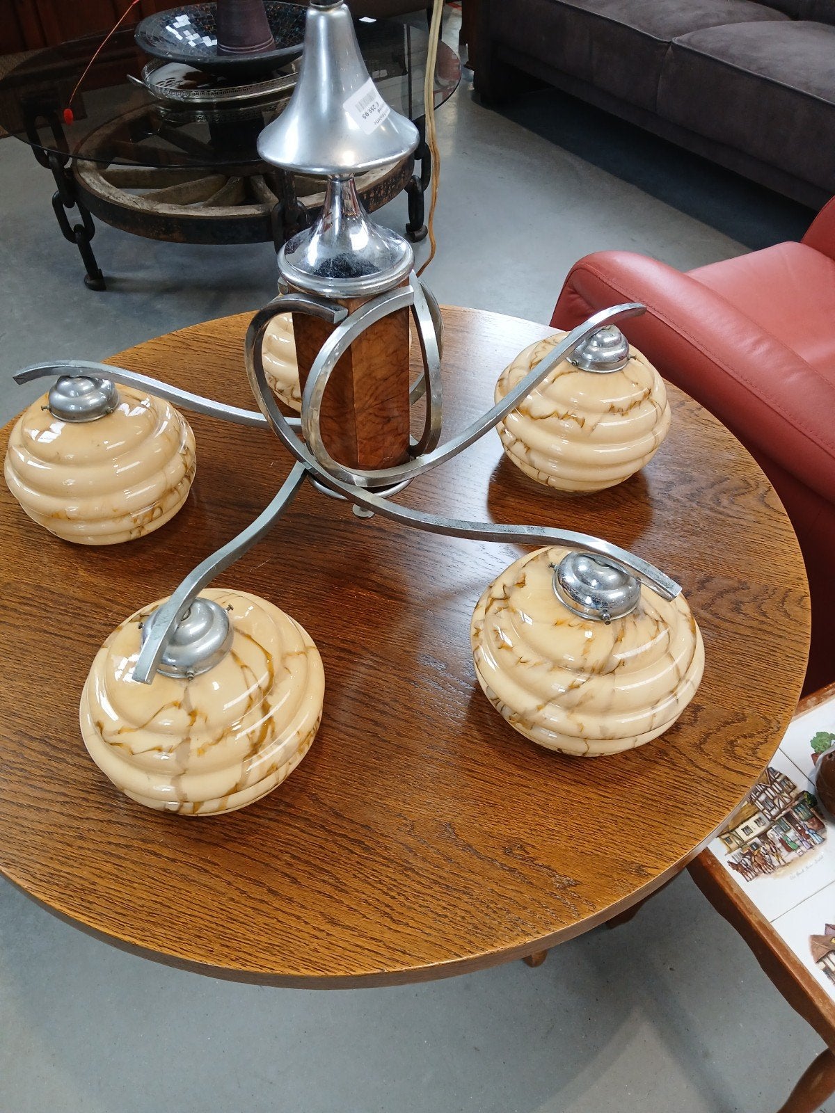 Art Deco Plafondlamp met 4 gemarmerd  Glazen Kappen, Ophalen