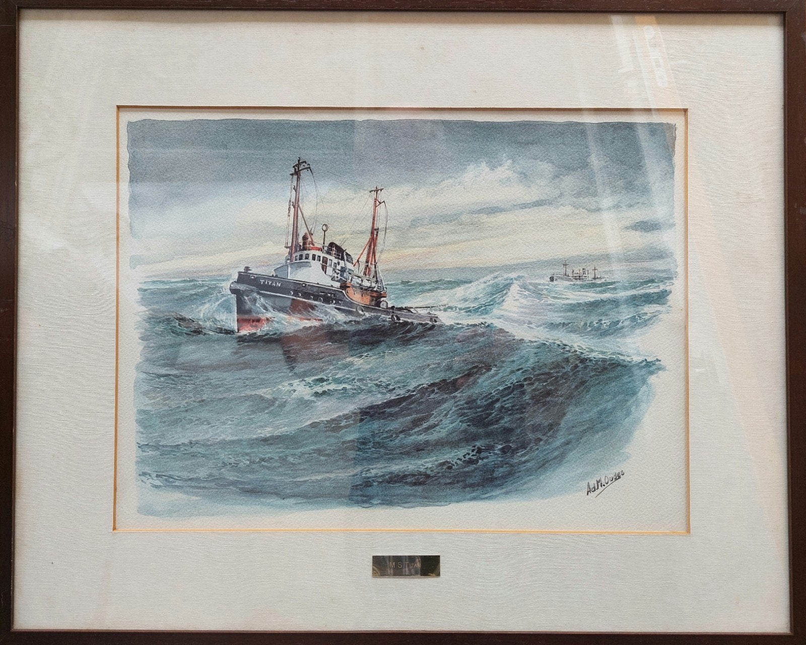 Originele aquarel Ad.M.Oudes coaster M.S.Titan 60cm bij 50cm, Ophalen, Maritiem / water, Realistisch, Gesigneerd