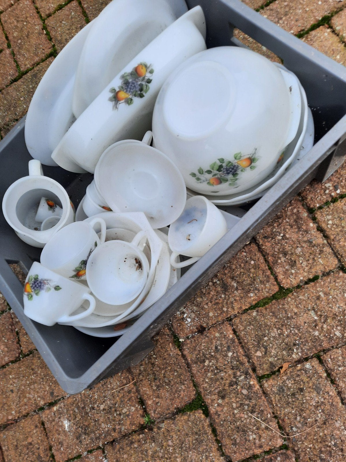 Servies: Borden, Kommen, Kopjes - Wit met fruitmotief, Ophalen