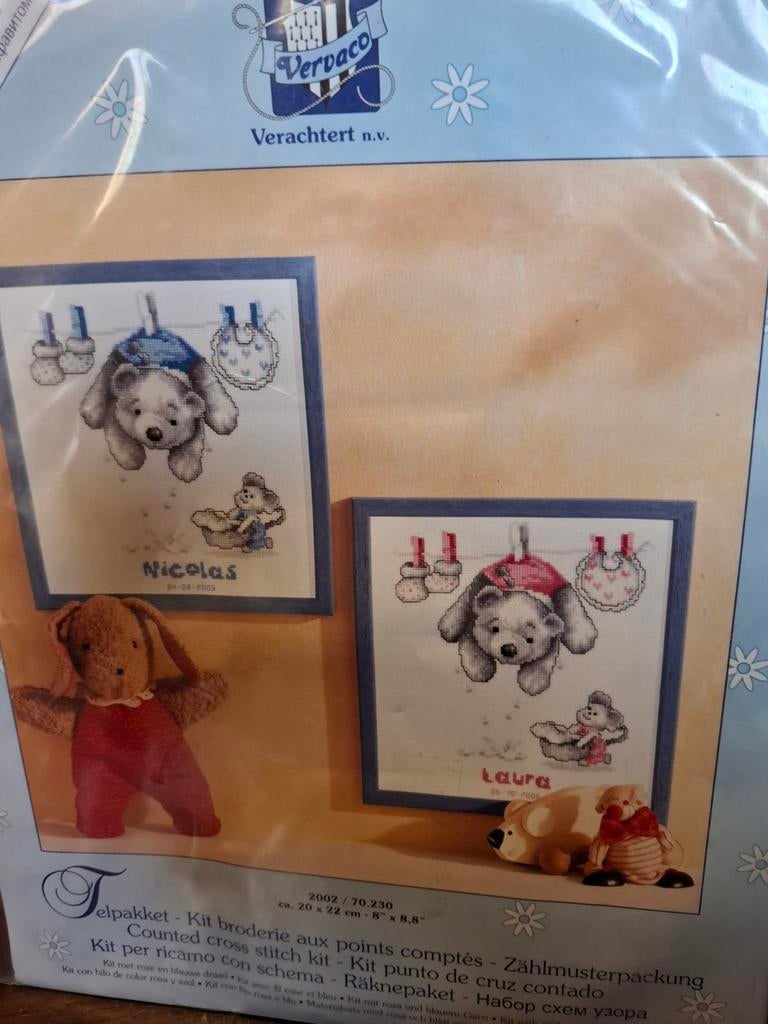 Geboorte pakket - beer aan waslijn, Hobby en Vrije tijd, Ophalen of Verzenden, Nieuw, Borduurpakket