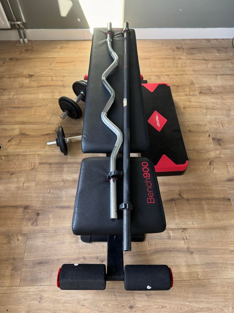 Complete Fitness Set: Bank, Halters, Stangen & Stepbank, Ophalen, Gebruikt, Armen, Fitnessbank