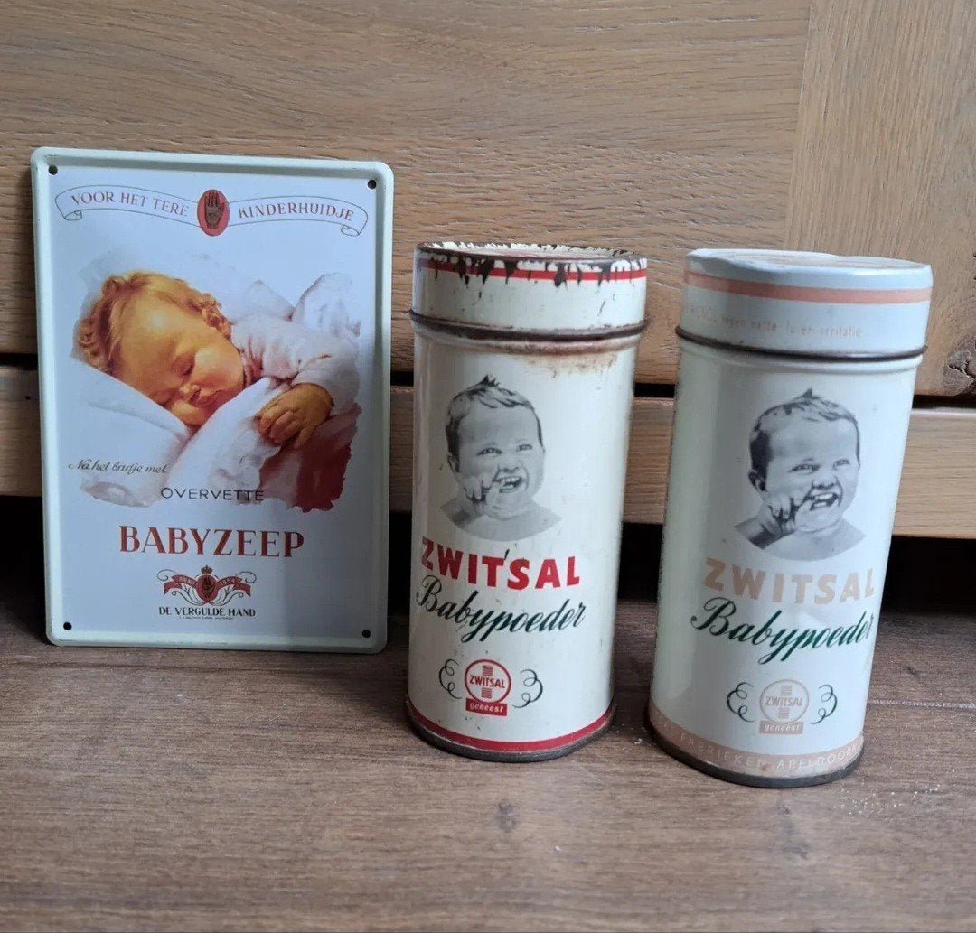 Vintage Zwitsal Baby Poeder Blikken & Bord prijs per stuk, Ophalen of Verzenden, Gebruikt, Reclamebord