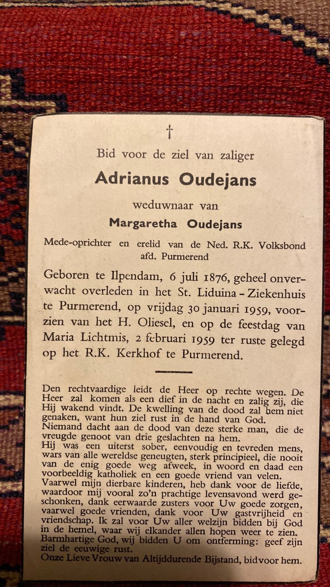A Oudejans 1876 Ilpendam 1959 Purmerend, Ophalen of Verzenden