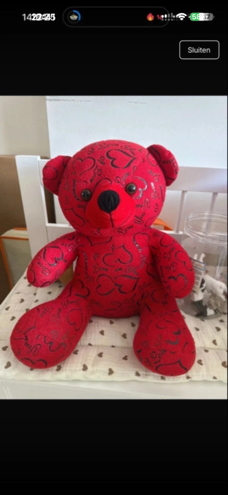 Rode teddybeer met hartjespatroon - Zo goed als nieuw, Overige merken, Overige karakters, Beer, Ophalen of Verzenden