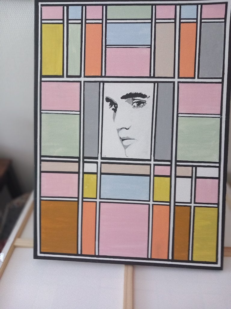 Modriaan look a like pastelkleuren, Abstract, Aquarel, Ophalen of Verzenden, Gesigneerd