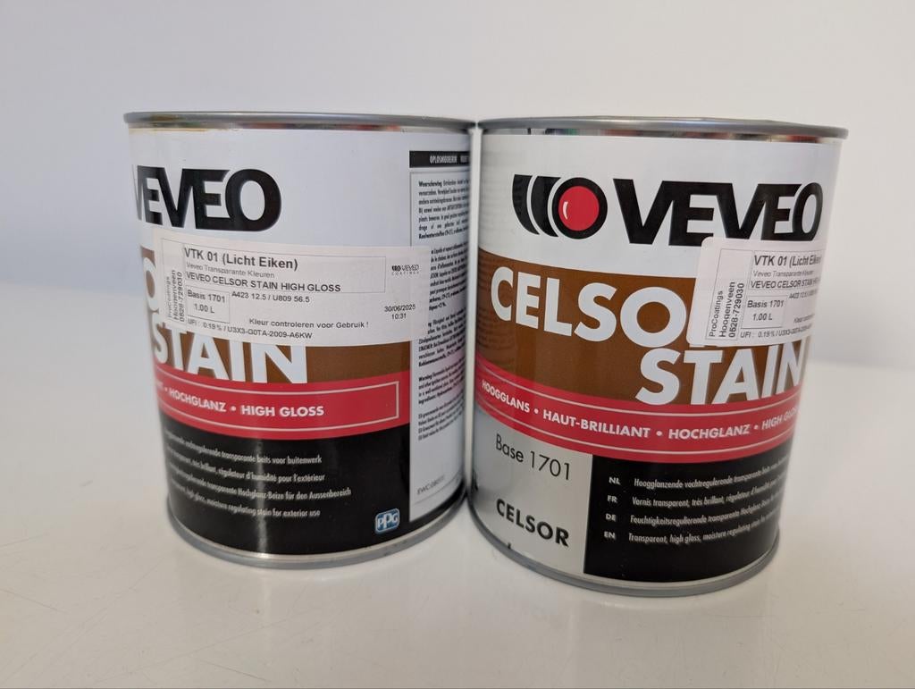VEVEO Celsor Stain Hoogglans Licht Eiken 2x1L, Doe-het-zelf en Verbouw, Bruin, Nieuw, Beits, Ophalen of Verzenden