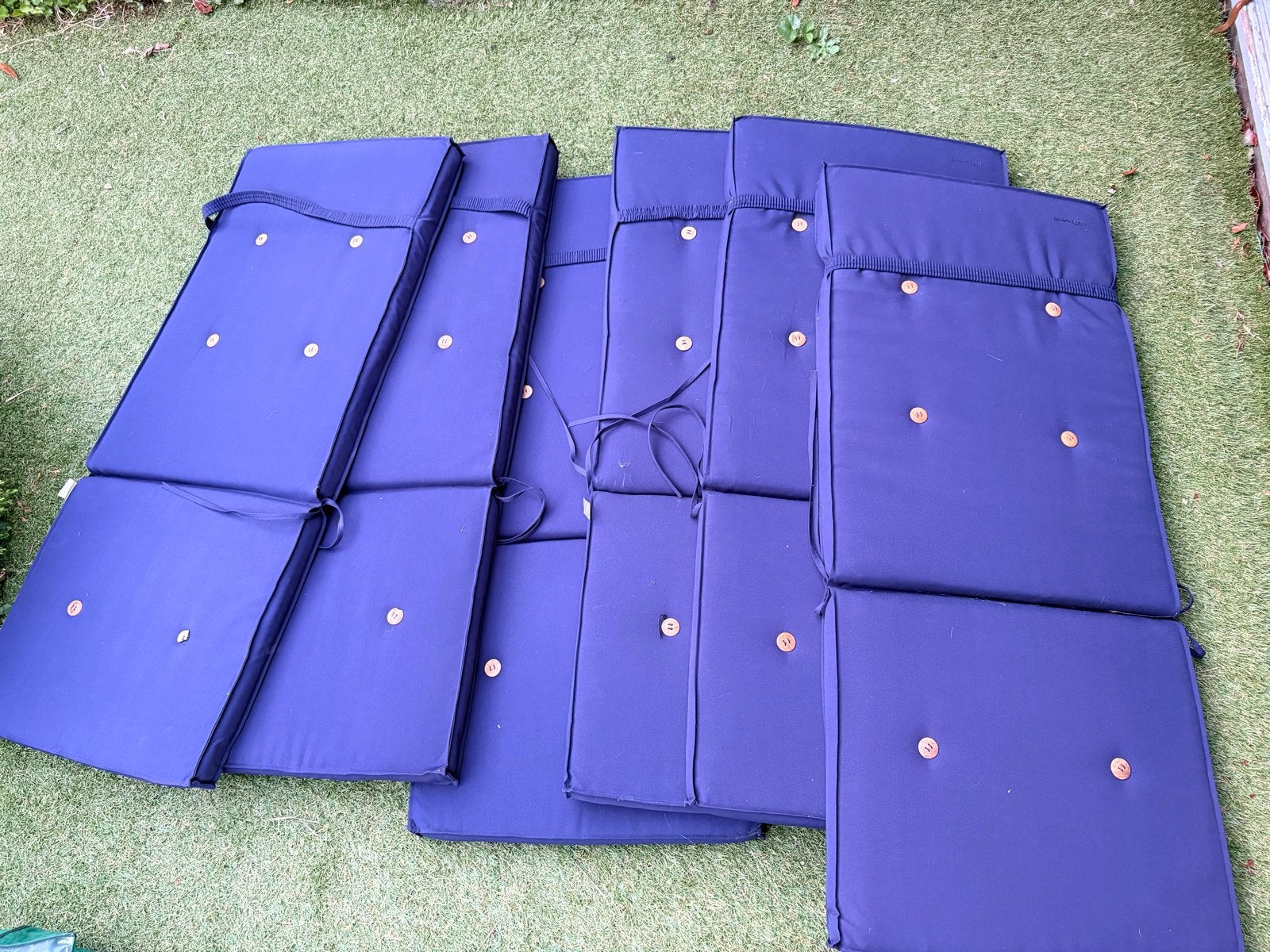 6 donkerblauwe tuinkussens voor standenstoelen, Ophalen, Gebruikt