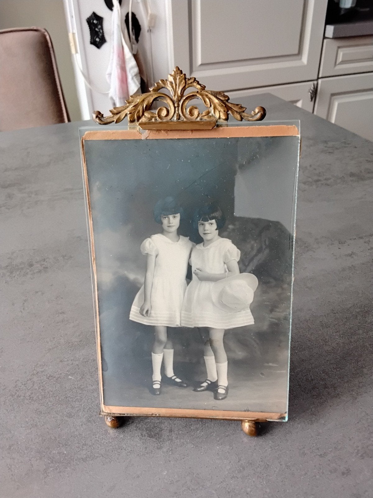 antiek frans fotolijstje met strik 20x11 cm, Ophalen of Verzenden