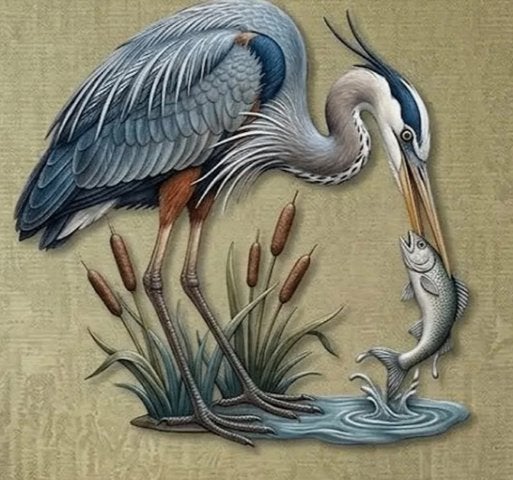 Muurdecoratie Reiger met Vis metaal, Metaal, 40 cm, Zwart, Ophalen of Verzenden