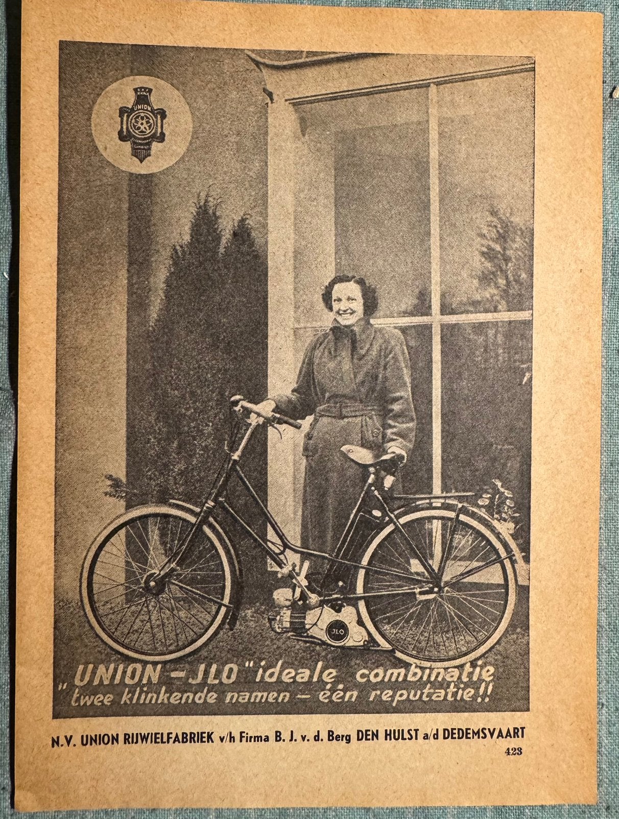Advertentie uit 1951 Union met JLO fietsmotor, Verzamelen, Verzenden, Zo goed als nieuw, Motoren