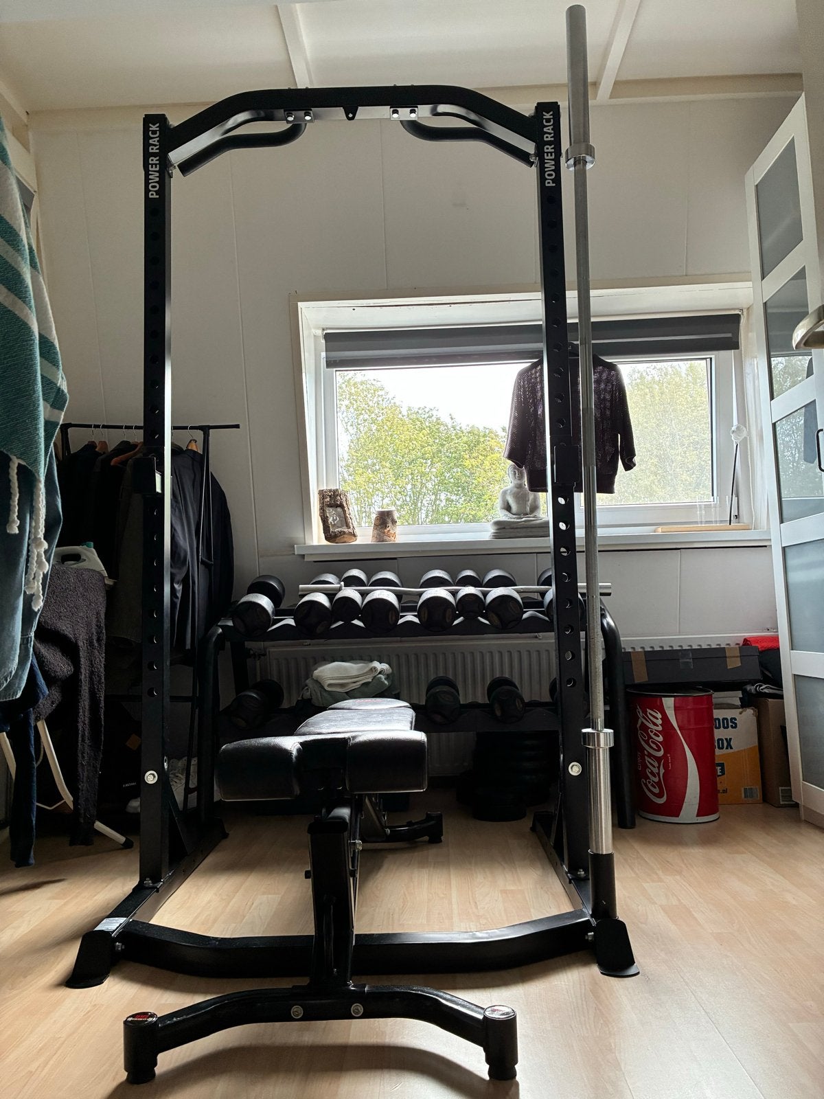 Power Rack met olympische stang en halterschijven, Gebruikt, Krachtstation, Armen, Ophalen of Verzenden
