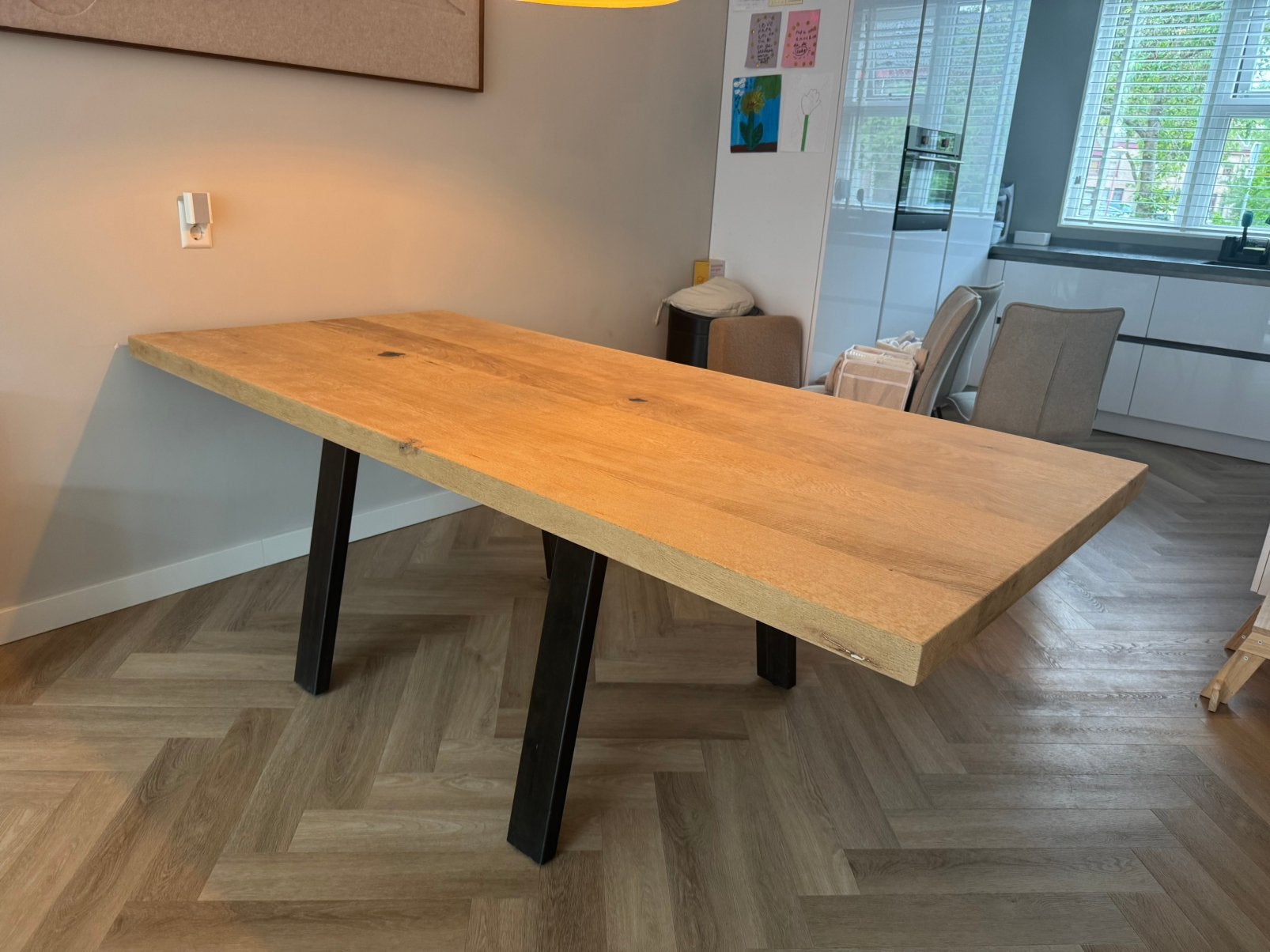 Massief eiken eettafel onbewerkt (220 x 100), Huis en Inrichting, Ophalen, Gebruikt, 100 tot 150 cm, Eikenhout