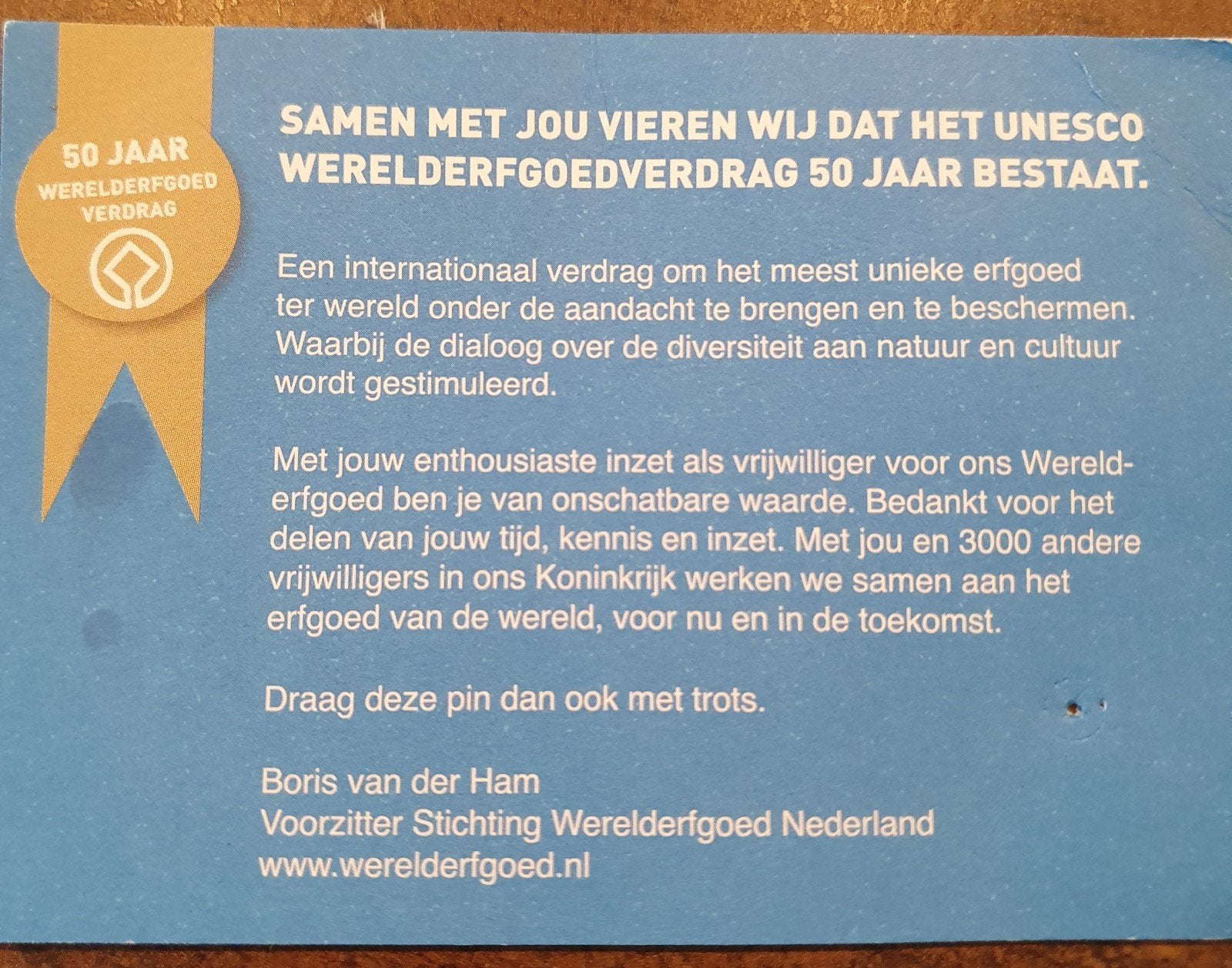 UNESCO Werelderfgoed 50 Jaar Pin/Speld, Verzamelen, Speldjes, Pins en Buttons, Ophalen of Verzenden