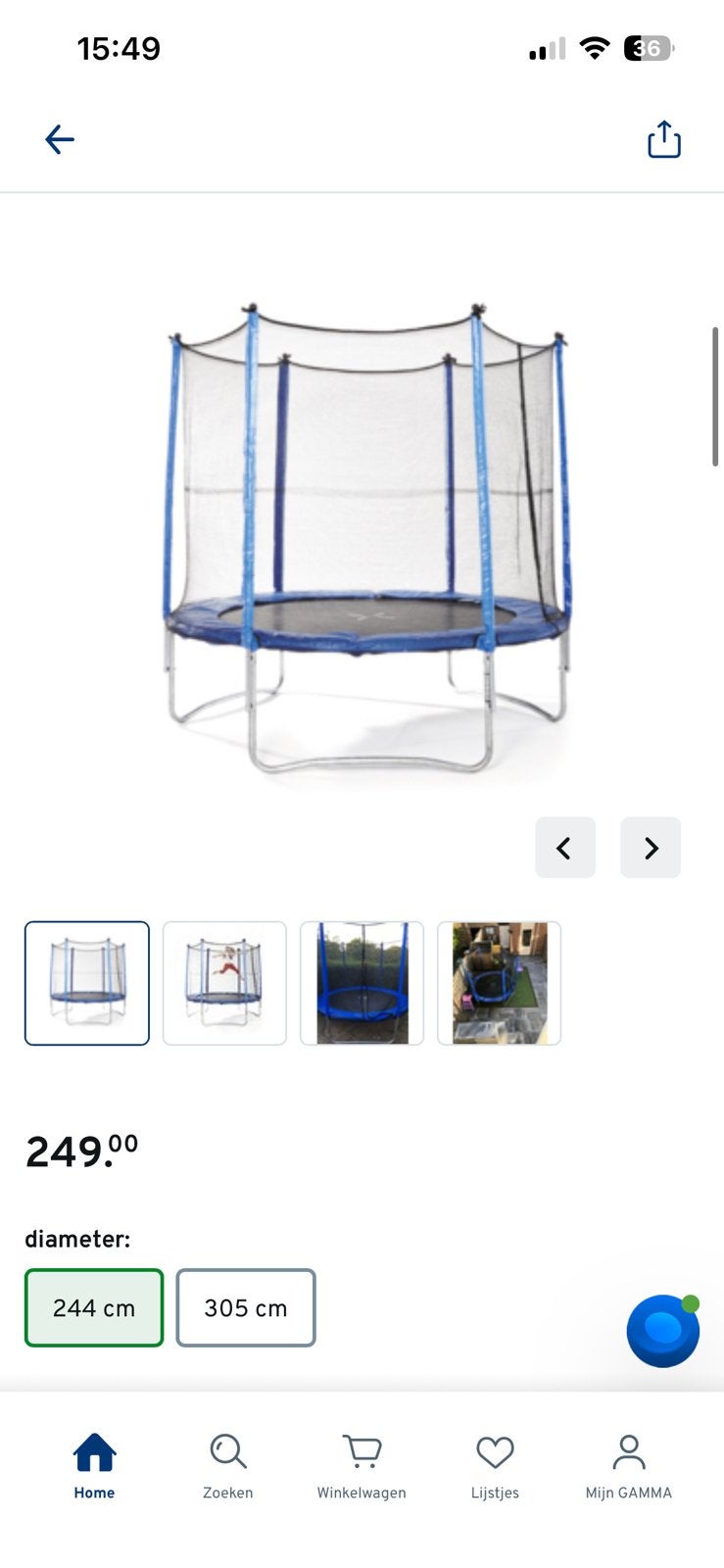 Trampoline met veiligheidsnet 244cm, Ophalen, Gebruikt