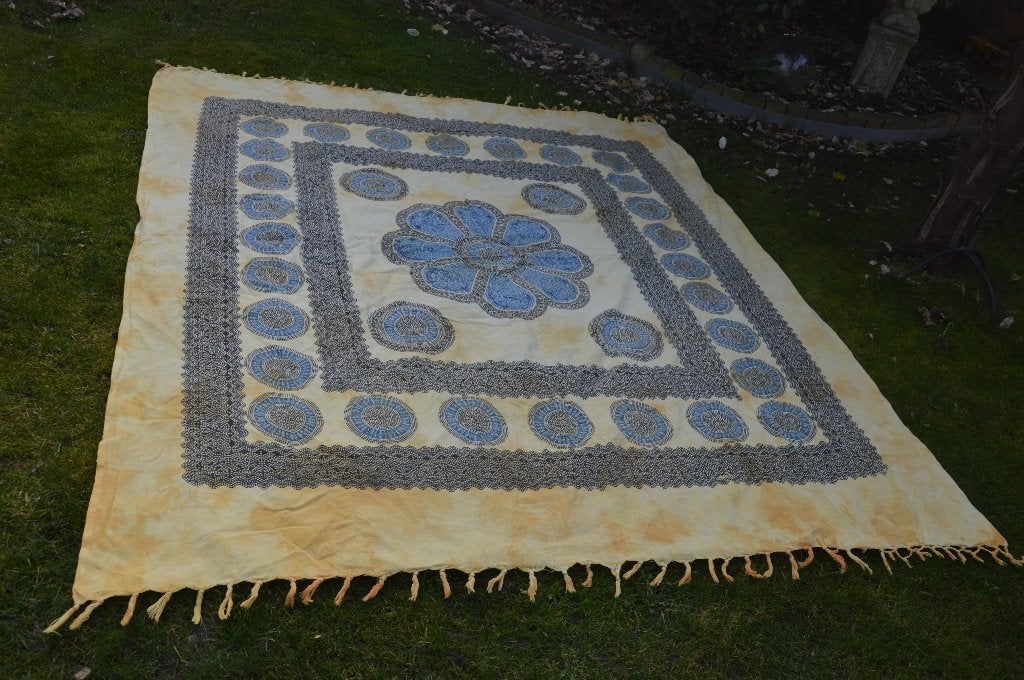 Indiase Sprei/ woondeken / plaid hoofdkleur geel met franjes, Gebruikt, Handgemaakt, Geel, Katoen