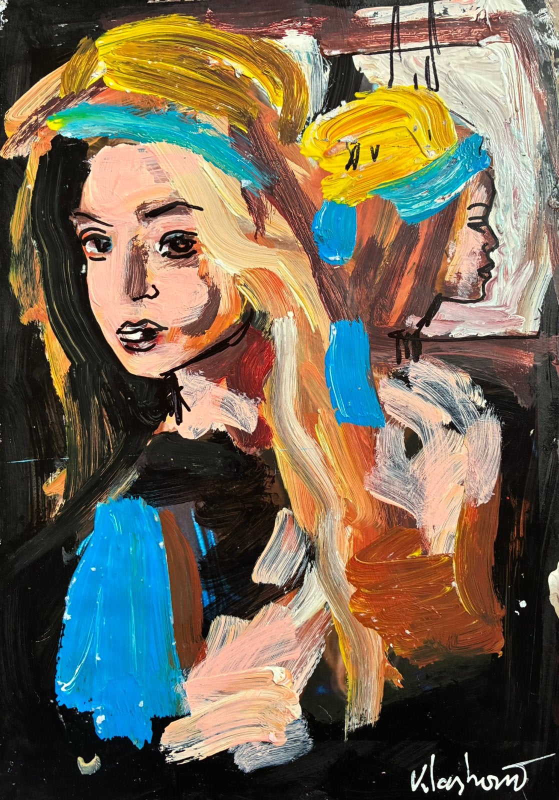 Origineel Peter Klashorst Meisje in de Spiegel, Acrylverf, Papier/karton, Ophalen of Verzenden, Gesigneerd