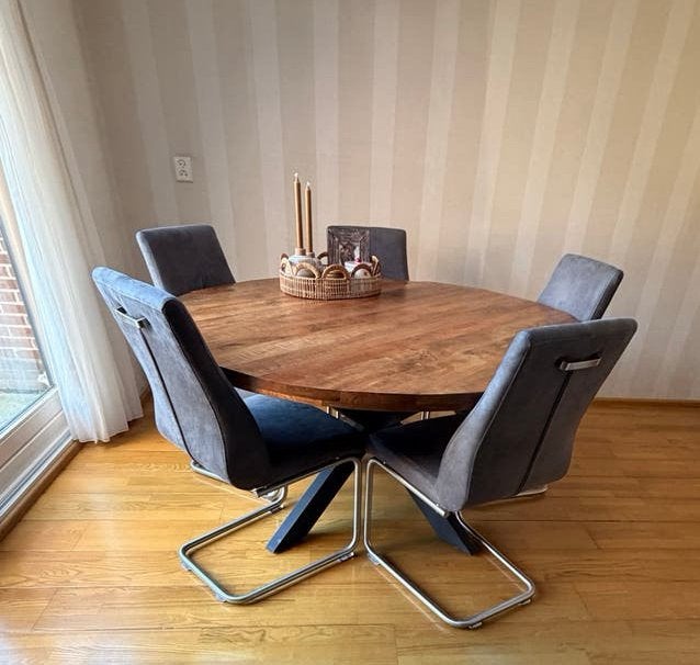 Ronde eettafel mango 1.50 diameter + 6 stoelen/metaal, Ophalen, Gebruikt, 100 tot 150 cm, Rond