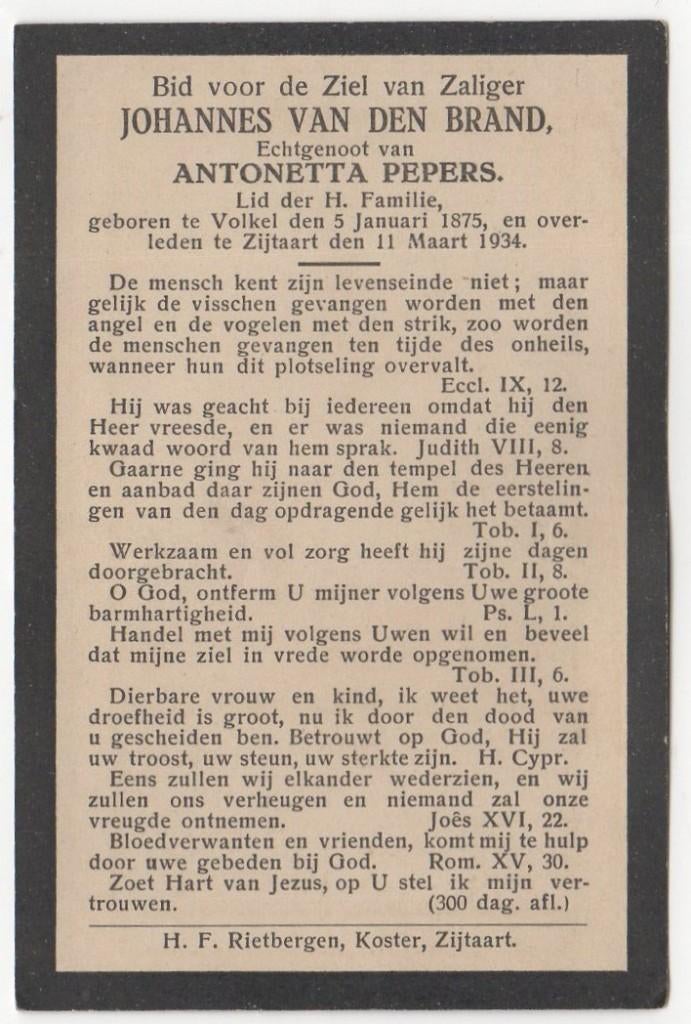 Johannes van den Brand 1875 Volkel + 1934 Zijtaart, 59 jaar, Verzenden