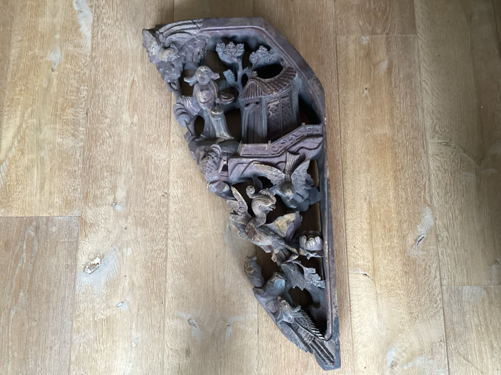 Antiek Japans/Tibetaans Houtsnijwerk 85x30 cm, Antiek en Kunst, Houtsnijwerk, Handgemaakt, Scène, Hout