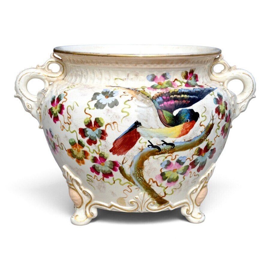 Grote aardewerk jardinière polychroom bloem- en vogeldecor