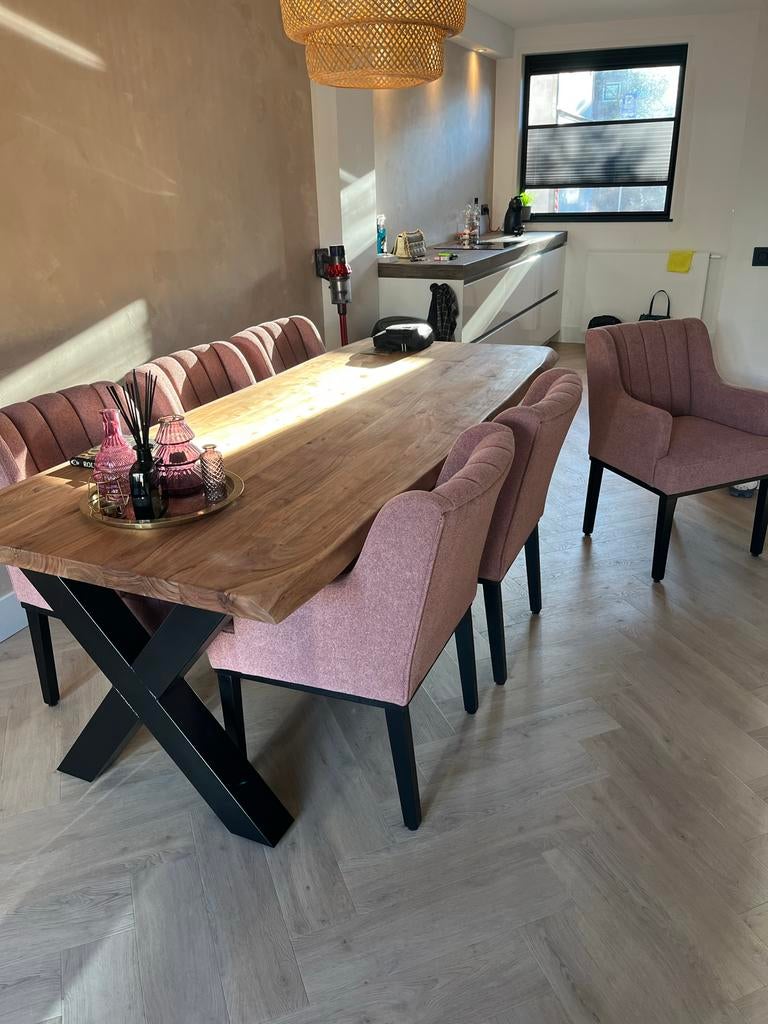Bruuts Eettafel (240x100) met roze Zitmaxx eetkamerstoelen, Ophalen, 200 cm of meer, 50 tot 100 cm, Zo goed als nieuw