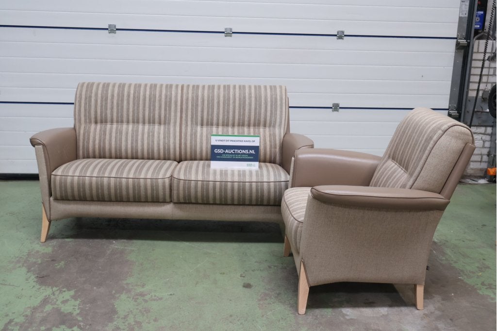 Zetelbank met fauteuil - Stof en kunstlederen details, Huis en Inrichting, Ophalen of Verzenden, Niet ingevuld, Niet ingevuld