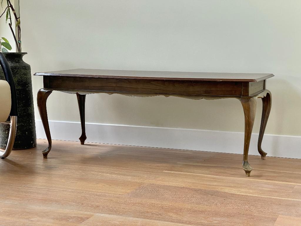 vintage bijzettafel / bankje – Kastanjebruin & Groen, Huis en Inrichting, Tafels | Bijzettafels, Gebruikt, 75 cm of meer, Rechthoekig