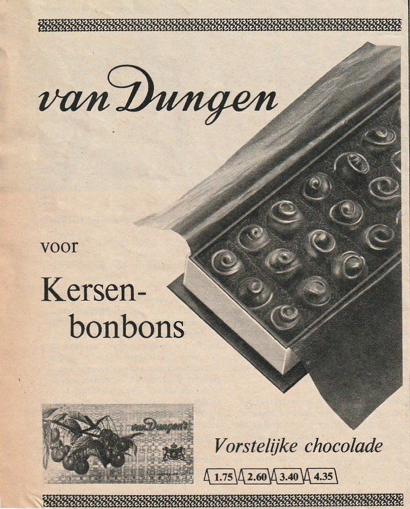 retro reclame 1963 Van Dungen chocolade vorstelijk kersen, Verzenden, Overige typen
