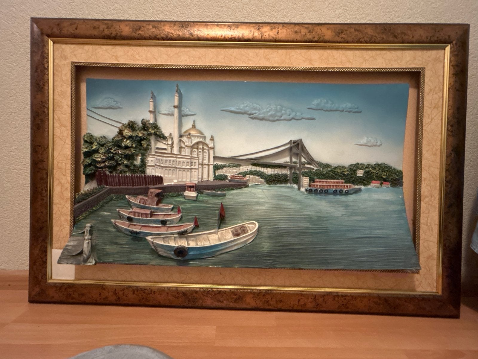 3D Schilderij Istanbul: Moskee, Brug & Boten, Realistisch, Overige ondergronden, Ophalen of Verzenden, Stads- / dorpsgezicht