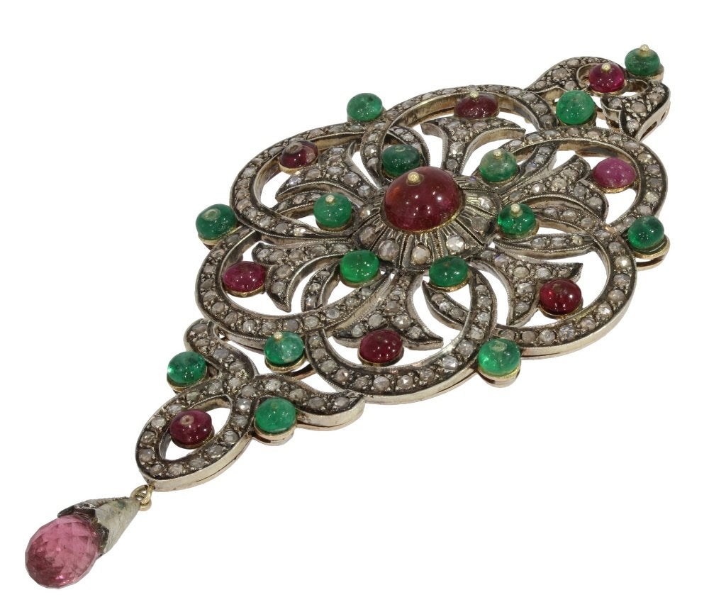 Zeldzame diamanten robijn smaragd 14k hanger goud antiek, Ophalen of Verzenden, Goud, Hanger, Met edelsteen